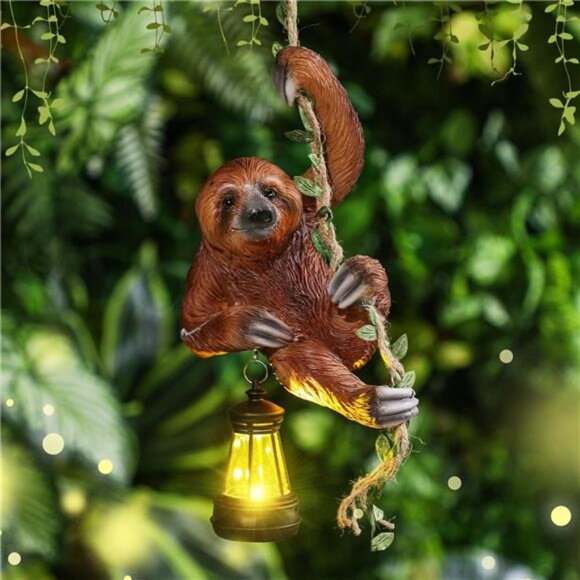 Solar Light Outdoor Statues 6.10''H Resin Sloth Climbing On A 24" L Vine Lantern - Picture 6 of 7